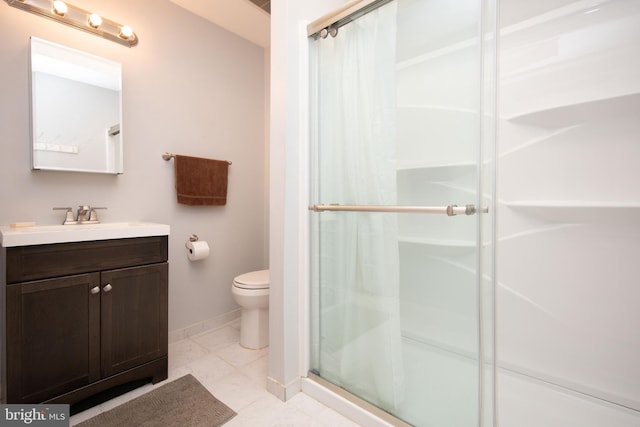 bathroom with tile patterned floors, toilet, walk in shower, and vanity