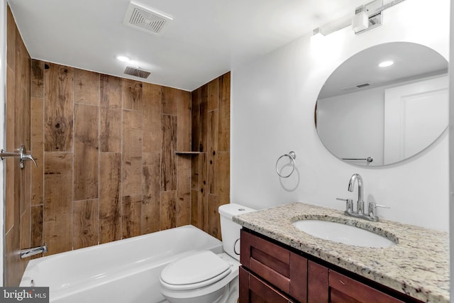 full bathroom with wood walls, toilet, vanity, and shower / washtub combination