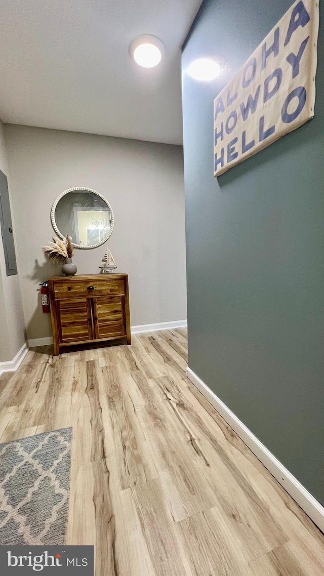 interior space with electric panel and light hardwood / wood-style flooring