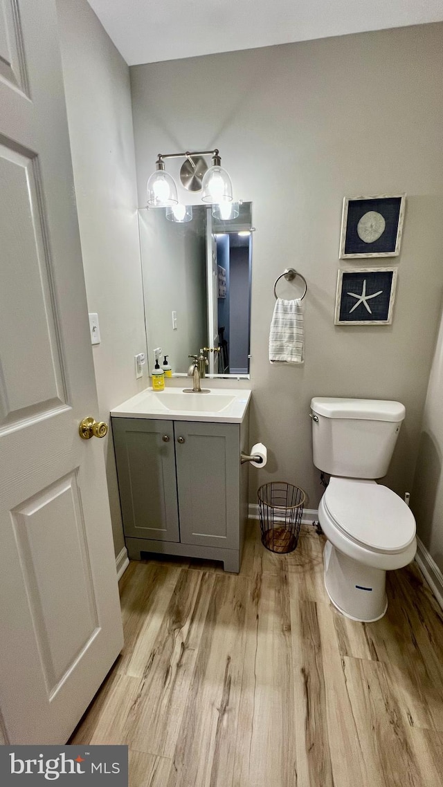 bathroom featuring vanity, toilet, and wood-type flooring