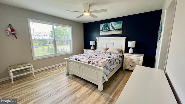 bedroom with ceiling fan and light wood-type flooring