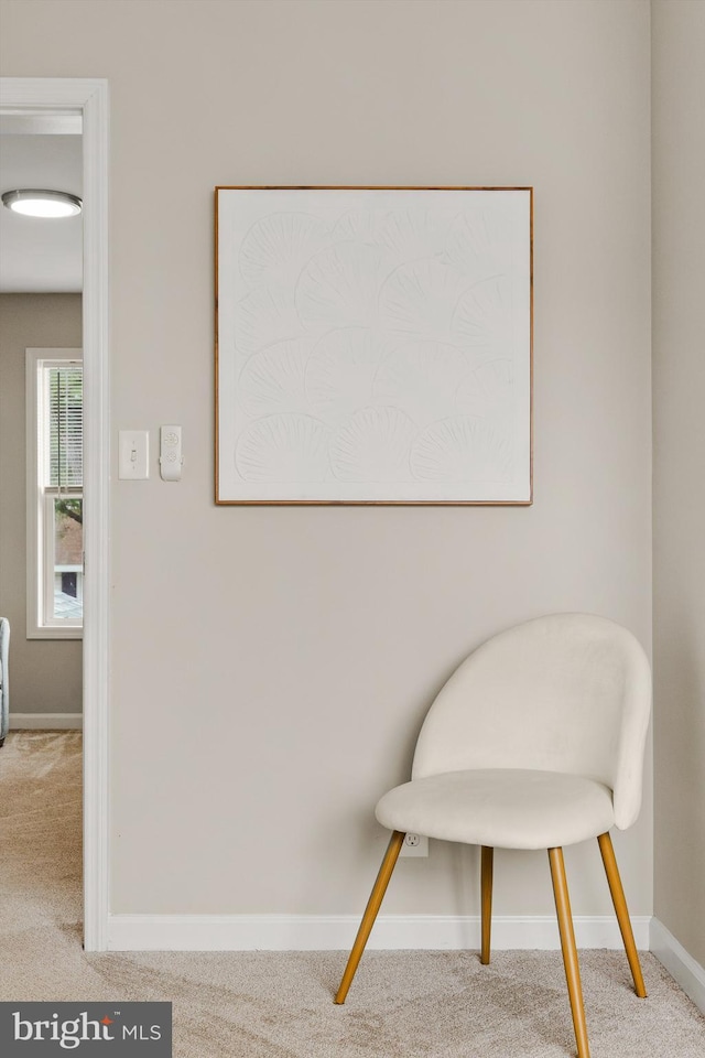 sitting room featuring baseboards and carpet