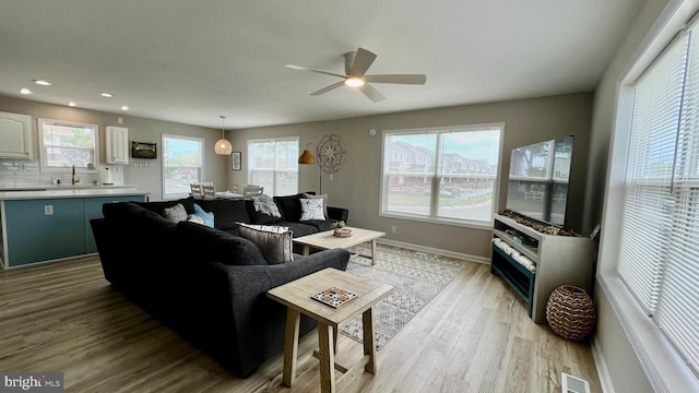 living room with a healthy amount of sunlight, ceiling fan, and light hardwood / wood-style floors