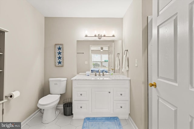 bathroom featuring tile patterned flooring, vanity, toilet, and ceiling fan