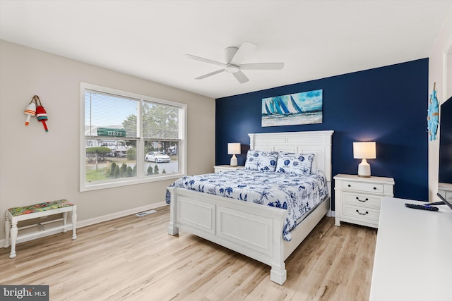 bedroom with visible vents, baseboards, light wood-type flooring, and ceiling fan