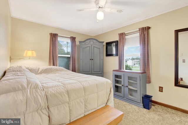 carpeted bedroom featuring ceiling fan and ornamental molding