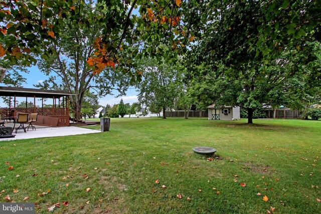 view of yard with a storage shed and a patio