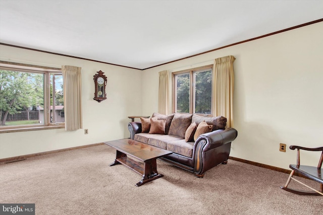 carpeted living room with plenty of natural light and ornamental molding