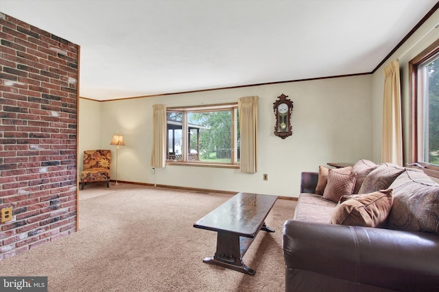 living room featuring carpet floors and ornamental molding