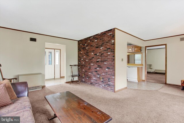 living room featuring ornamental molding and light carpet