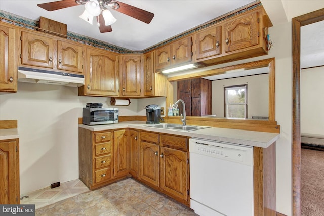 kitchen with dishwasher, ceiling fan, and sink