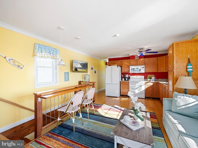 living room with ceiling fan, light hardwood / wood-style floors, and ornamental molding