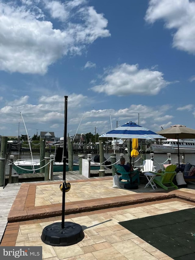 view of patio featuring a dock and a water view