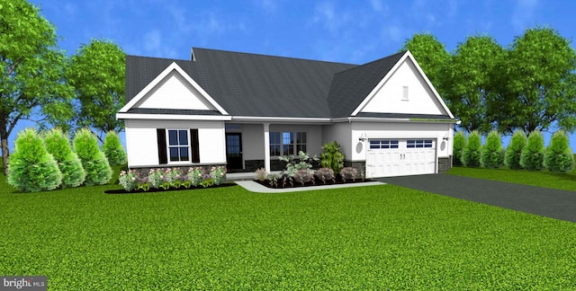 view of front facade featuring driveway, stone siding, a garage, and a front lawn