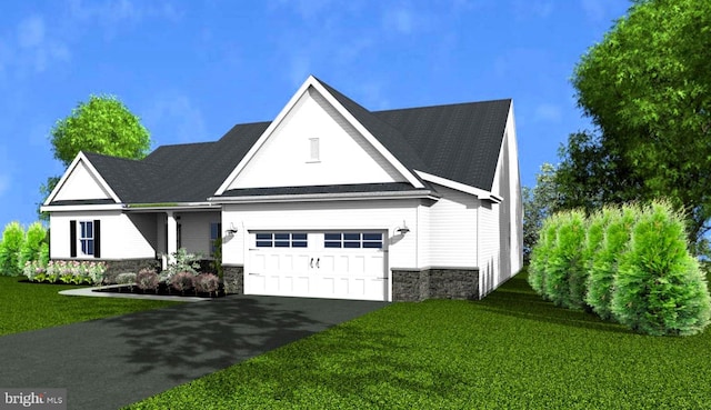 view of front of property featuring aphalt driveway, stone siding, a front lawn, and a garage