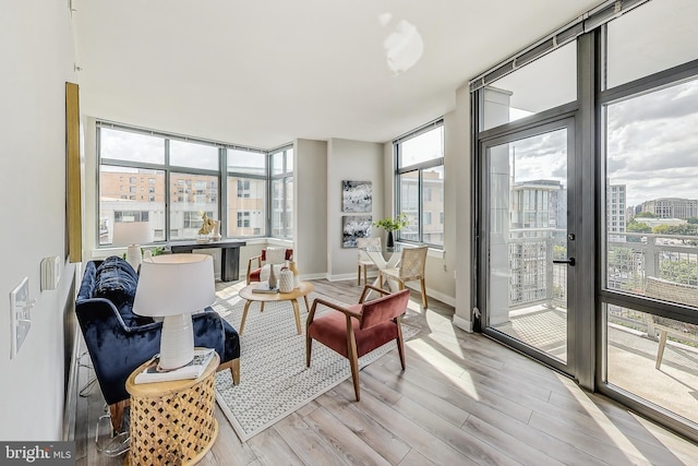 living room with a wall of windows, light hardwood / wood-style flooring, and a wealth of natural light