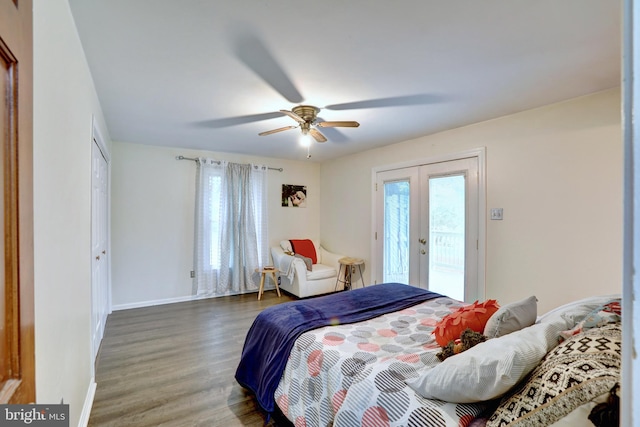 bedroom with hardwood / wood-style floors, french doors, a closet, access to exterior, and ceiling fan