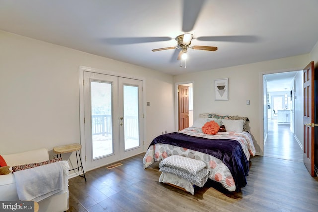 bedroom with ceiling fan, access to outside, hardwood / wood-style flooring, and french doors