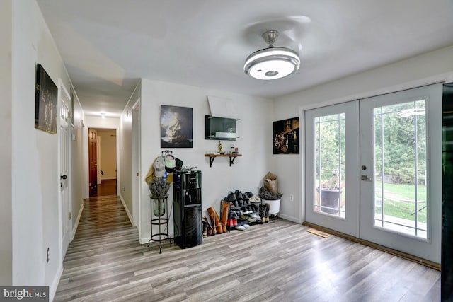 interior space featuring hardwood / wood-style flooring, french doors, and a healthy amount of sunlight