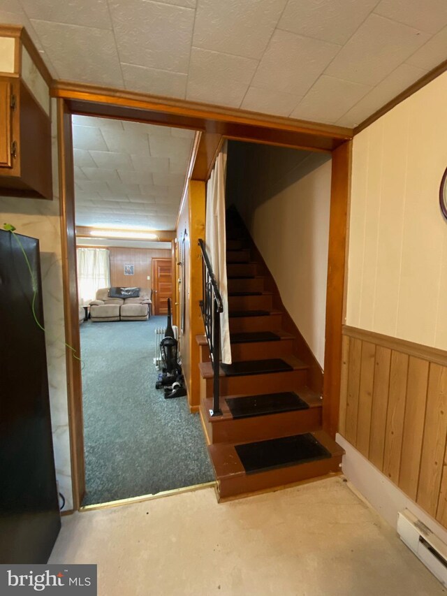 staircase with carpet flooring, wooden walls, and baseboard heating