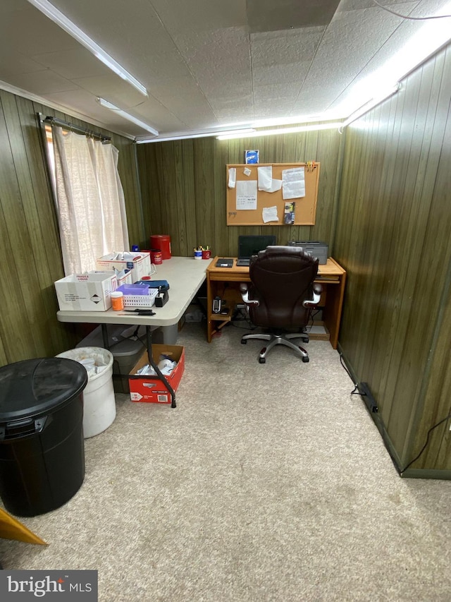 office space with wood walls