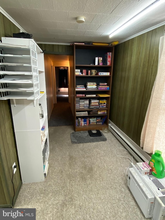 basement featuring baseboard heating and light carpet