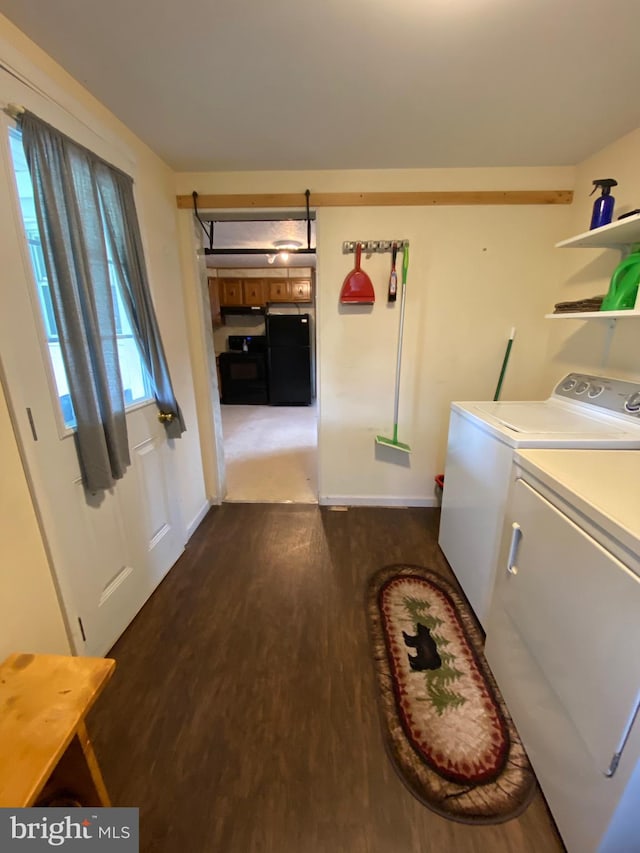 laundry area with washer and clothes dryer and hardwood / wood-style floors