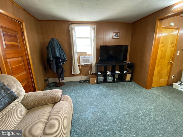 carpeted living room with wood walls and cooling unit