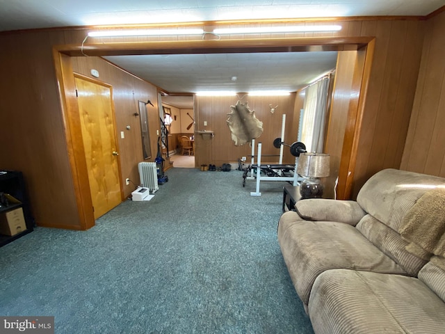 interior space featuring radiator heating unit and wooden walls