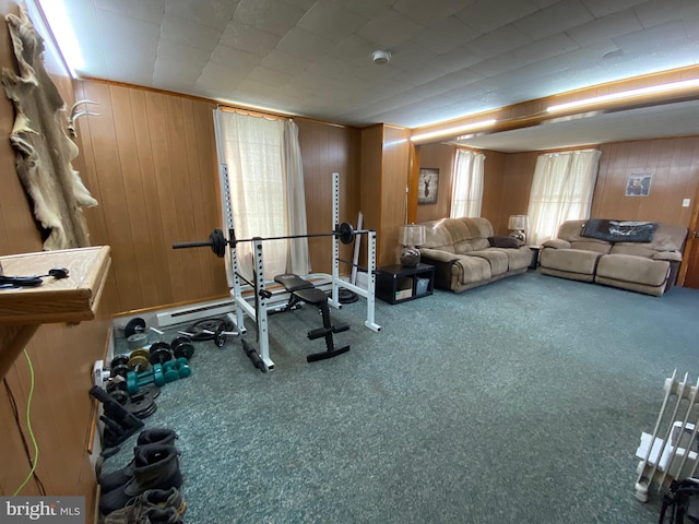 workout area featuring baseboard heating, wooden walls, and carpet flooring