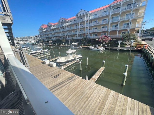 view of dock with a water view