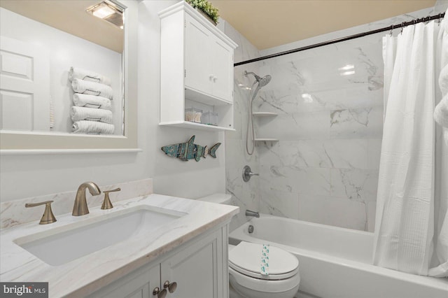 full bathroom featuring shower / bath combination with curtain, toilet, and vanity