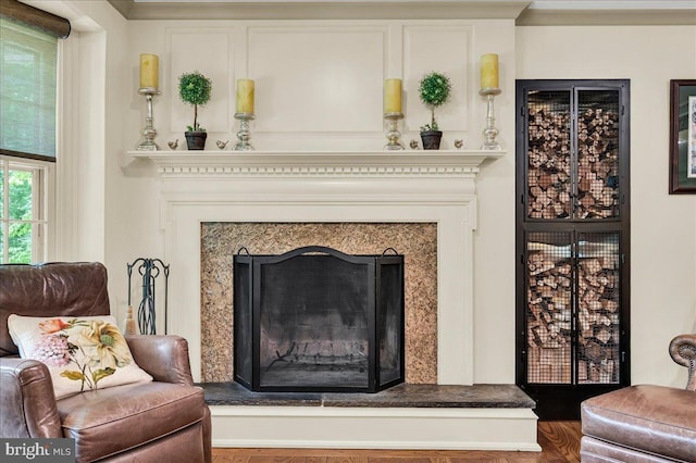 room details with a fireplace and wood finished floors