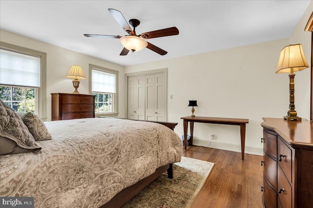 bedroom with dark wood-type flooring, multiple windows, a closet, and baseboards