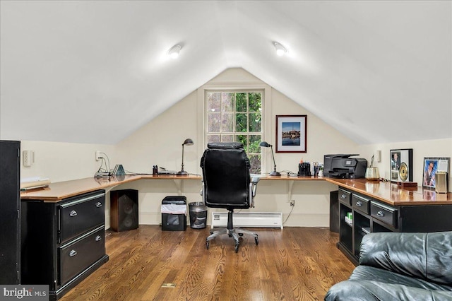 office with lofted ceiling, baseboards, dark wood finished floors, and baseboard heating