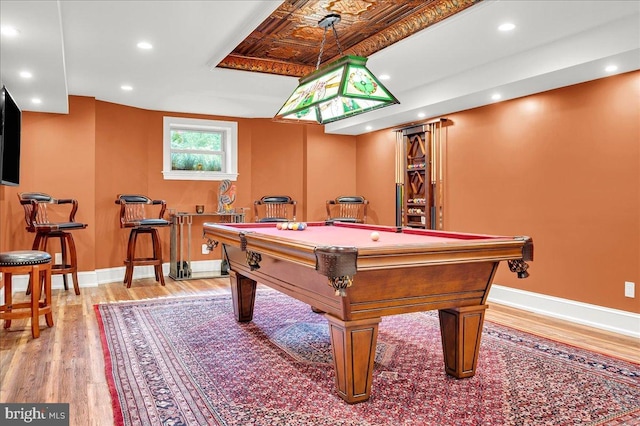 game room with light wood-style floors, baseboards, and recessed lighting