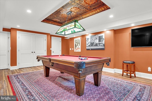 playroom with pool table, baseboards, wood finished floors, and recessed lighting