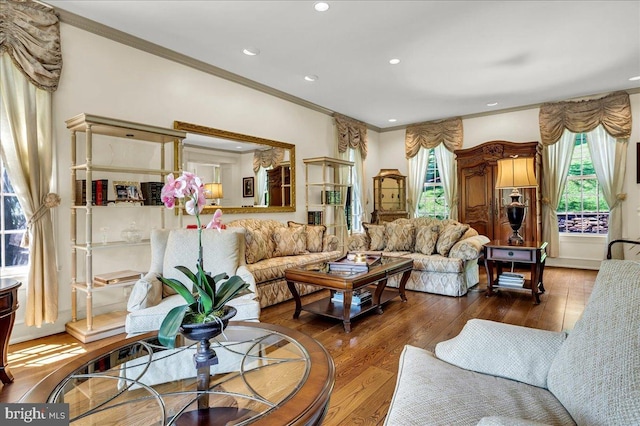 living room featuring ornamental molding, recessed lighting, and dark wood-style flooring