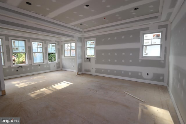 unfurnished room with a tray ceiling and ornamental molding