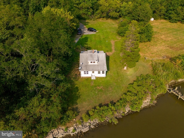 aerial view featuring a water view