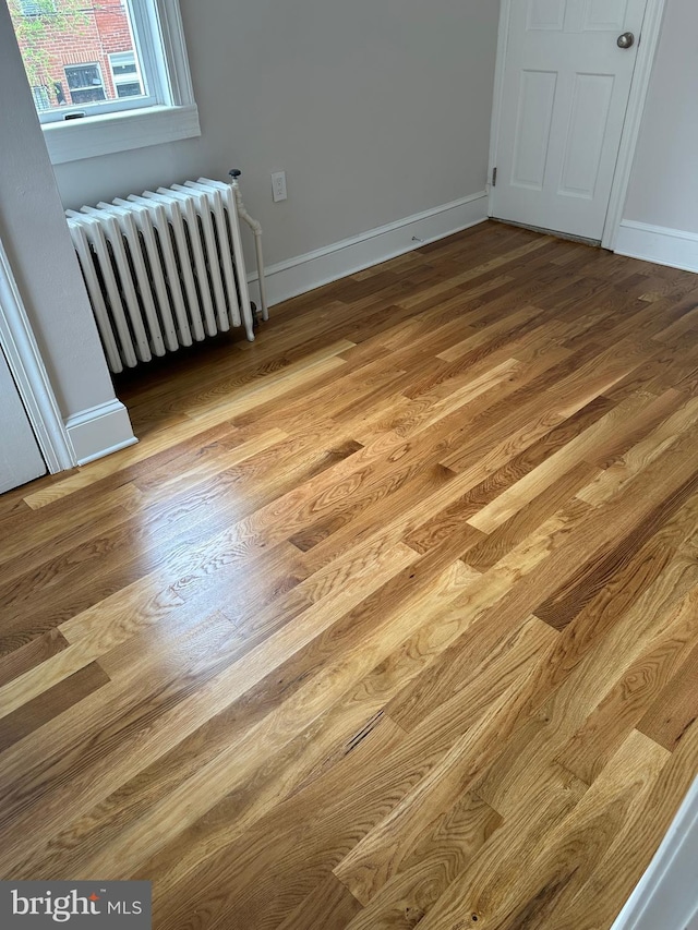 room details featuring baseboards, radiator, and wood finished floors