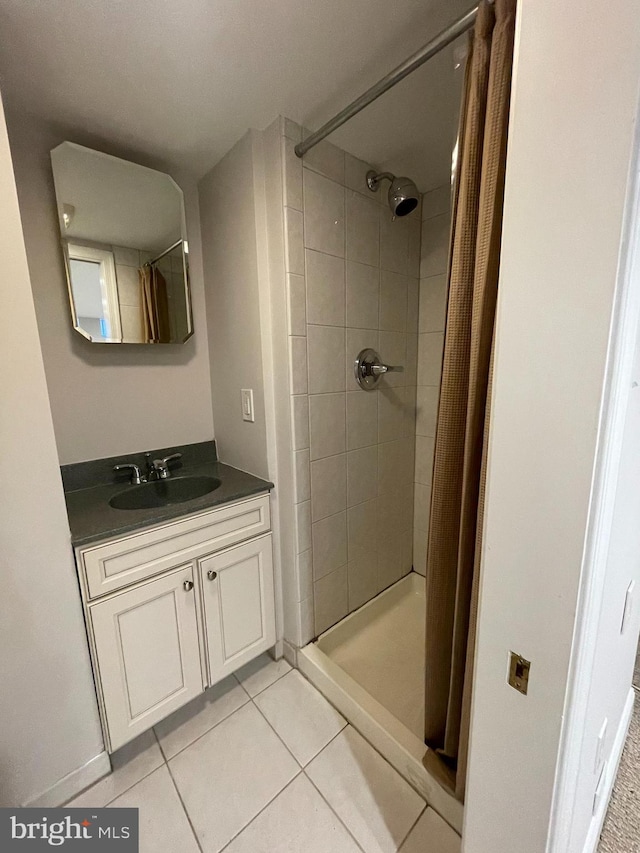 full bath with tile patterned flooring, a shower stall, and vanity