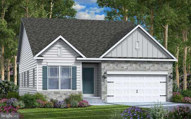 view of front of property featuring stone siding, a shingled roof, and board and batten siding