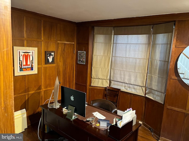 office area with wood walls