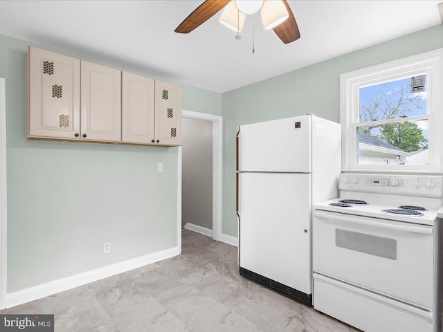 2731 Old Washington Rd, Westminster, MD 21157 - kitchen featuring white appliances, a ceiling fan, baseboards, marble finish floor, and light countertops