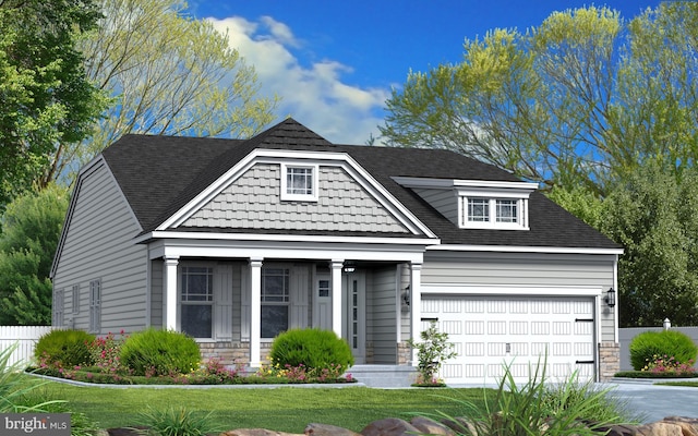 view of front of home featuring a shingled roof, concrete driveway, stone siding, an attached garage, and a front lawn