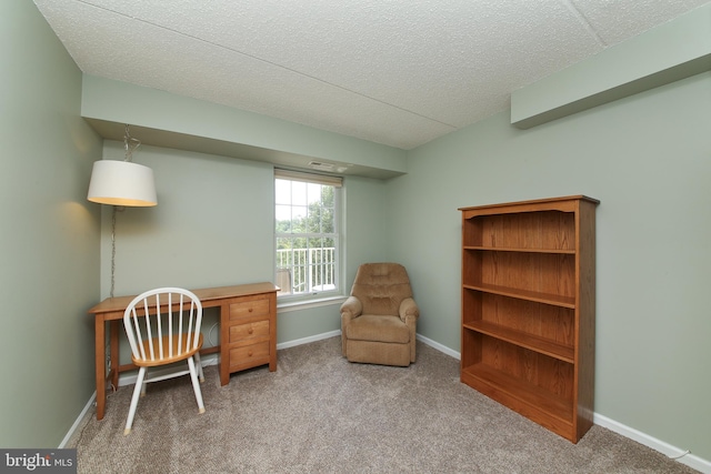 living area with carpet floors and a textured ceiling