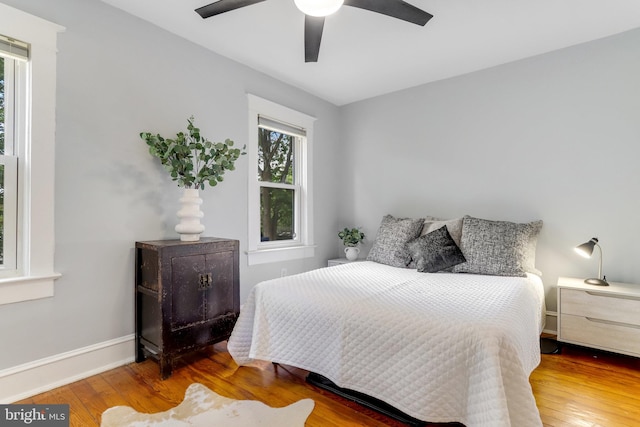 bedroom featuring multiple windows, hardwood / wood-style floors, and ceiling fan