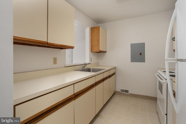 kitchen with white electric stove, electric panel, and sink