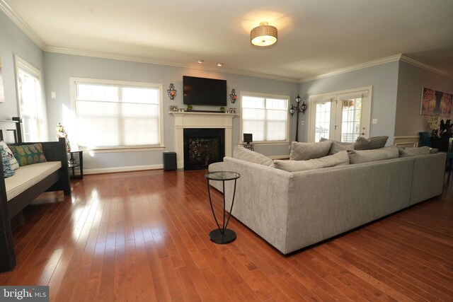 living area with crown molding, a fireplace, baseboards, and wood finished floors